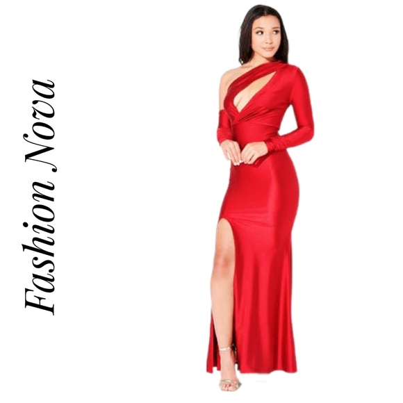 FashionNova Red One-Shoulder Cocktail Maxi Dress - Picture 1 of 5